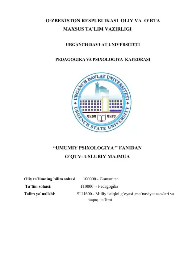UMUMIY PSIXOLOGIYA O`QUV-USLUBIY MAJMUA