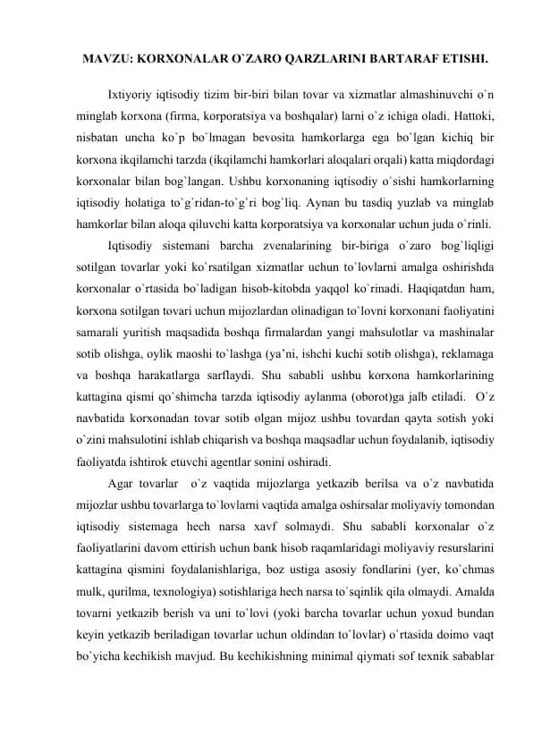 Korxonalar o`zaro qarzlarini bartaraf etishi