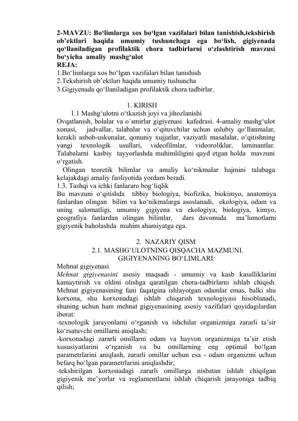 Gigiyenada profilaktik tadbirlar bo‘yicha amaliy mashg‘ulot