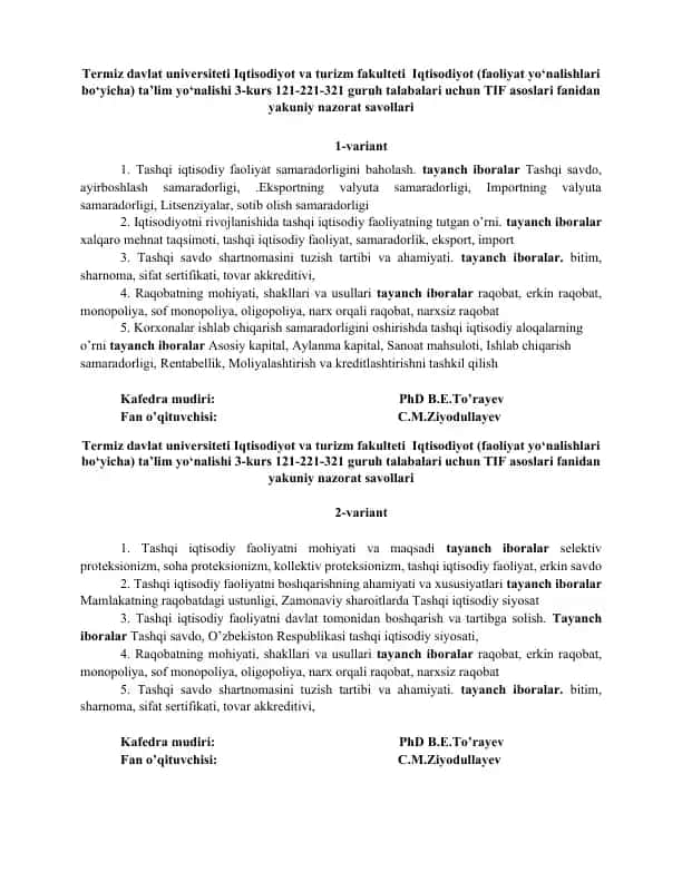 TIF asoslari fanidan yakuniy nazorat savollari