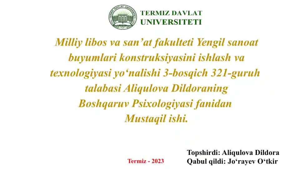 Konstruksiya va texnologiyasi yo‘nalishida psixologiya fanidan mustaqil ish
