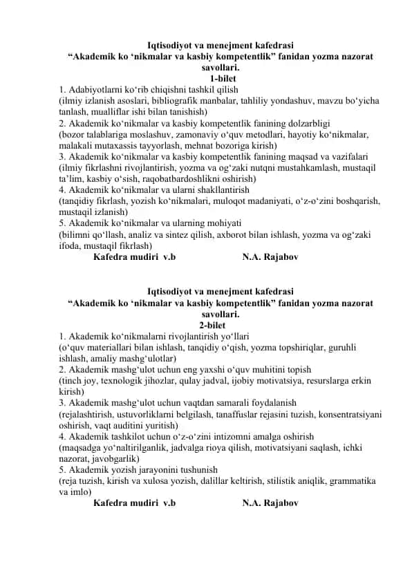 "Akademik ko'nikmalar va kasbiy kompetentlik fanidan yozma nazorat savollari"