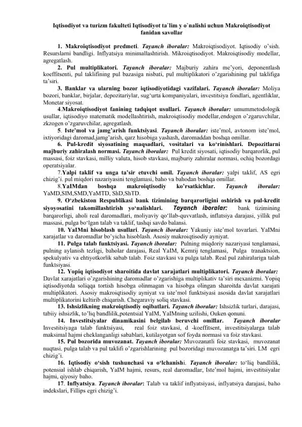 Iqtisodiyot va turizm fakulteti Iqtisodiyot ta`lim y o`nalishi uchun Makroiqtisodiyot fanidan savollar