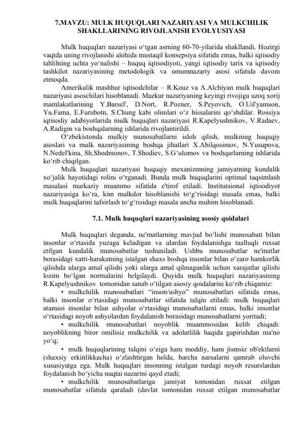 Mulk Huquqlari Nazariyasi va Mulkchilik Shakllarining Rivojlanish Evolyutsiyasi