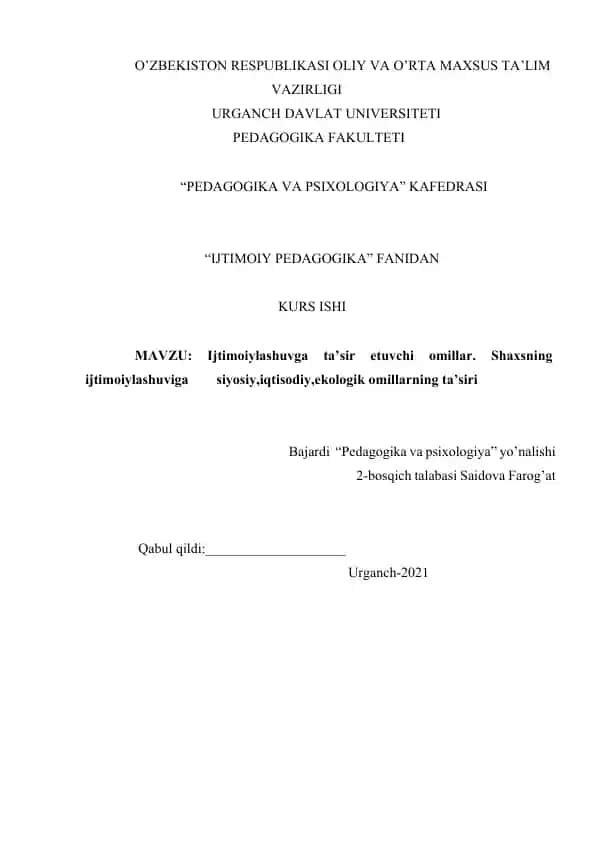 Ijtimoiylashuvga ta’sir etuvchi omillar kurs ishi