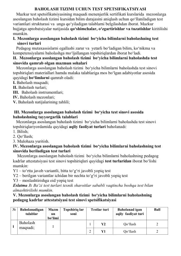 BAHOLASH TIZIMI UCHUN TEST SPETSIFIKATSIYASI