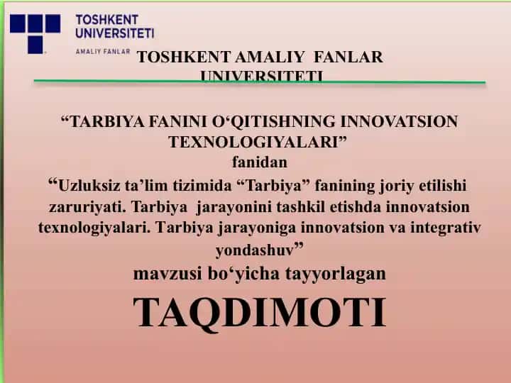 Uzluksiz ta’lim tizimida “Tarbiya” fanining joriy etilishi zaruriyati