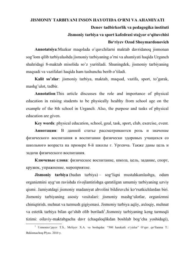 Jismoniy tarbiyaning o‘rni va ahamiyati