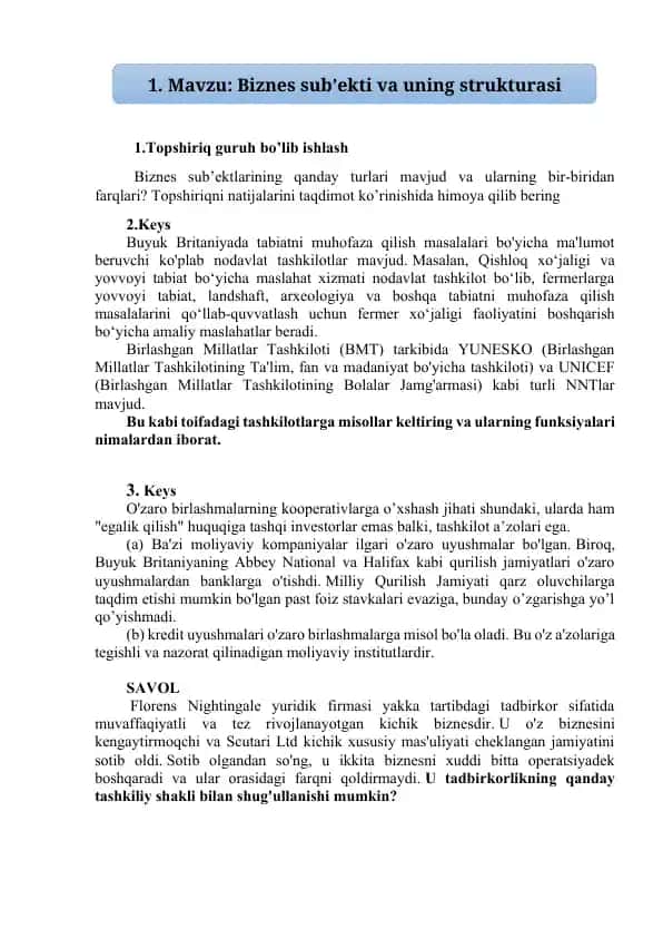 Biznеs sub’еkti vа uning strukturаsi