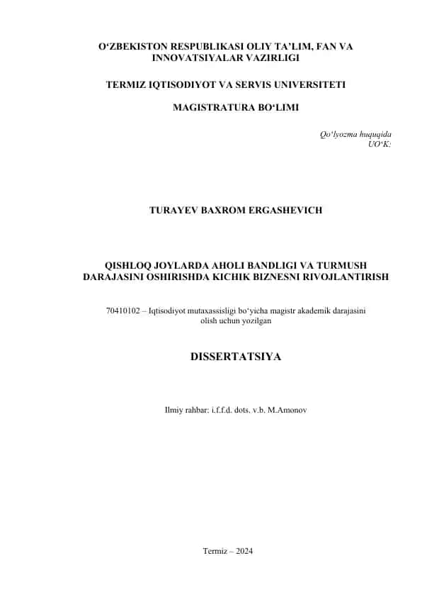 Magistrlik dissertatsiyasi "Qishloq joylarda aholi bandligi va turmush darajasini oshirishda kichik biznesni rivojlantirish"