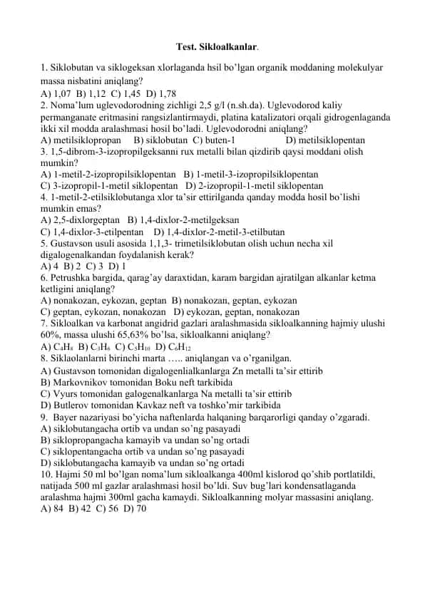 Sikloalkanlar Testi