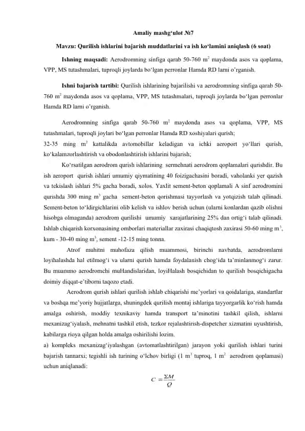 Aerodrom qurilish ishlari bo‘yicha amaliy mashg‘ulot №7