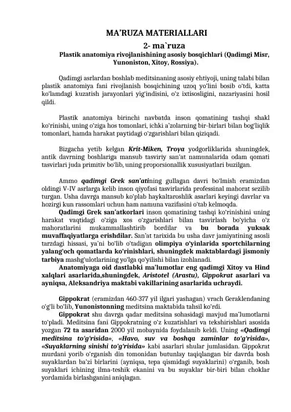 Plastik anatomiya rivojlanishining asosiy bosqichlari