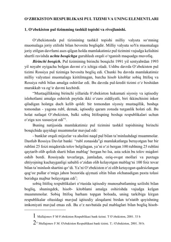 O‘zbekiston Respublikasi Pul Tizimi va uning Elementlari