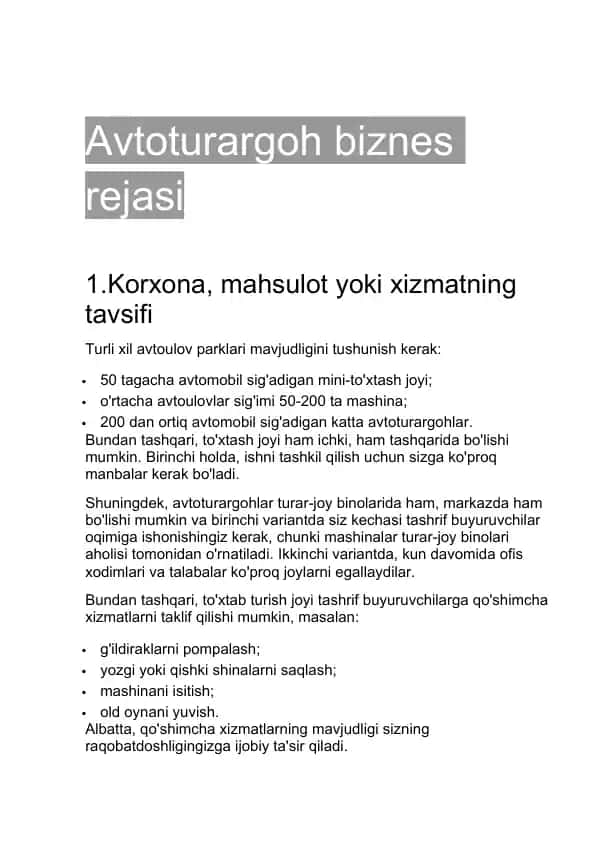 Avtoturargoh biznes rejasi