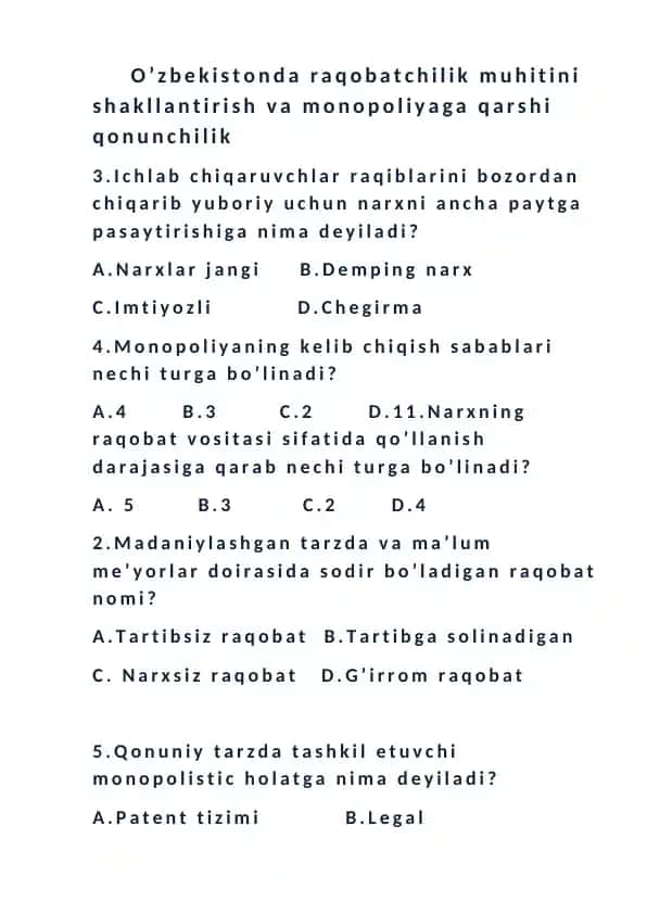 O’zbekistonda raqobatchilik muhitini shakllantirish va monopoliyaga qarshi qonunchilik