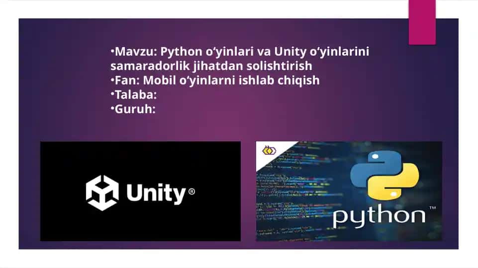 Python o‘yinlarini va Unity o‘yinlarini samaradorlik jihatidan solishtirish