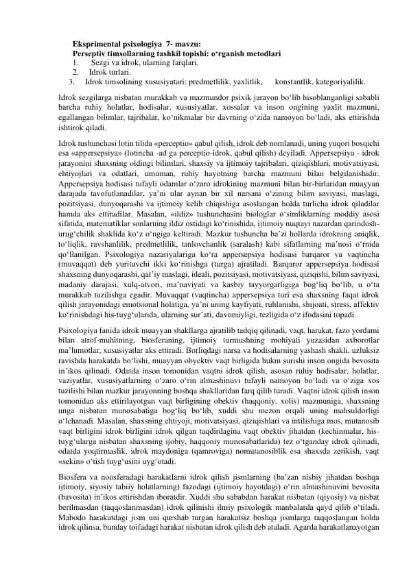 Eksperimental psixologiya 7- mavzu: Perseptiv timsollarning tashkil topishi: o‘rganish metodlari
