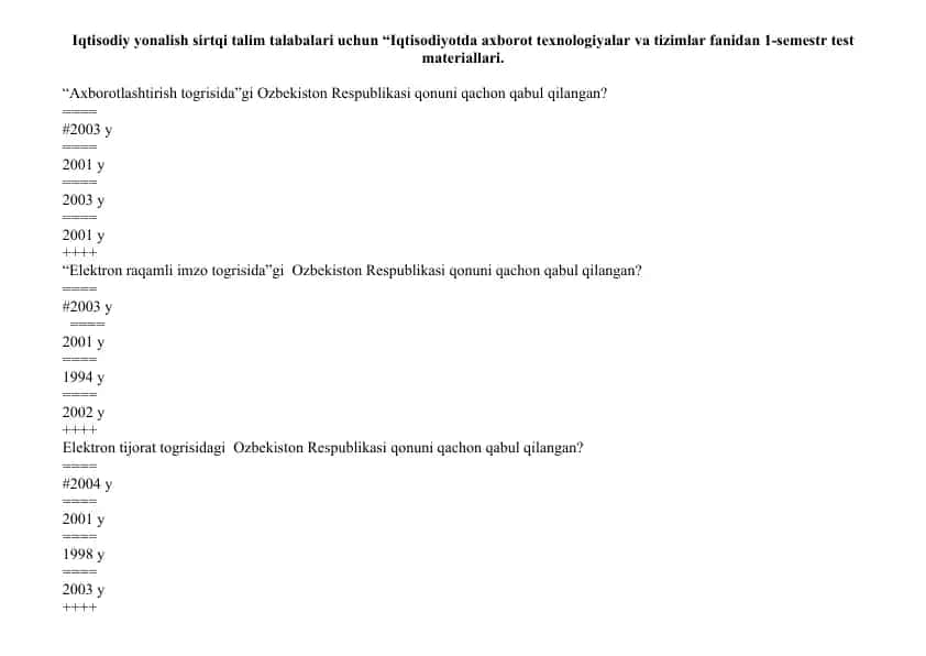 "Iqtisodiyotda axborot texnologiyalar va tizimlar" 1-semestr test materiallari