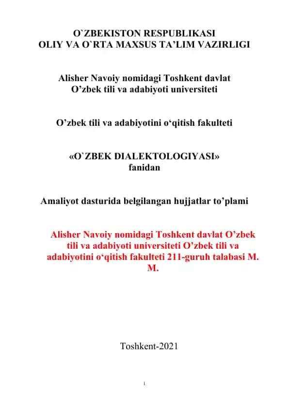 O'zbek Dialektologiyasi amaliyot dasturida belgilangan hujjatlar to'plami