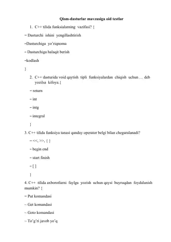 C++ dasturlar mavzusiga oid testlar