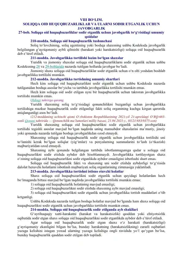 Soliqqa oid huquqbuzarliklar va ularni sodir etganlik uchun javobgarlik