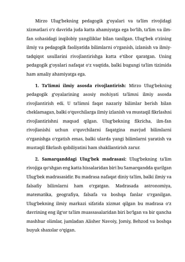 Mirzo Ulug‘bekning pedagogik g‘oyalari va ta'lim rivojidagi xizmatlari