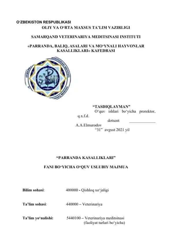 "Parranda, baliq, asalari va mo‘ynali hayvonlar kasalliklari" fani