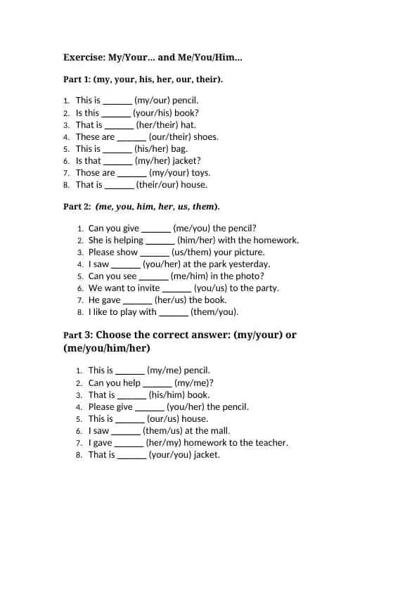 My/Your... and Me/You/Him... mavzusida ochiq test