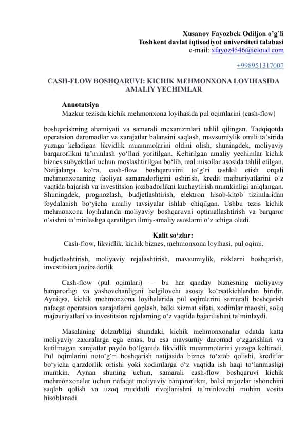 CASH-FLOW BOSHQARUVI: KICHIK MEHMONXONA LOYIHASIDA AMALIY YECHIMLAR