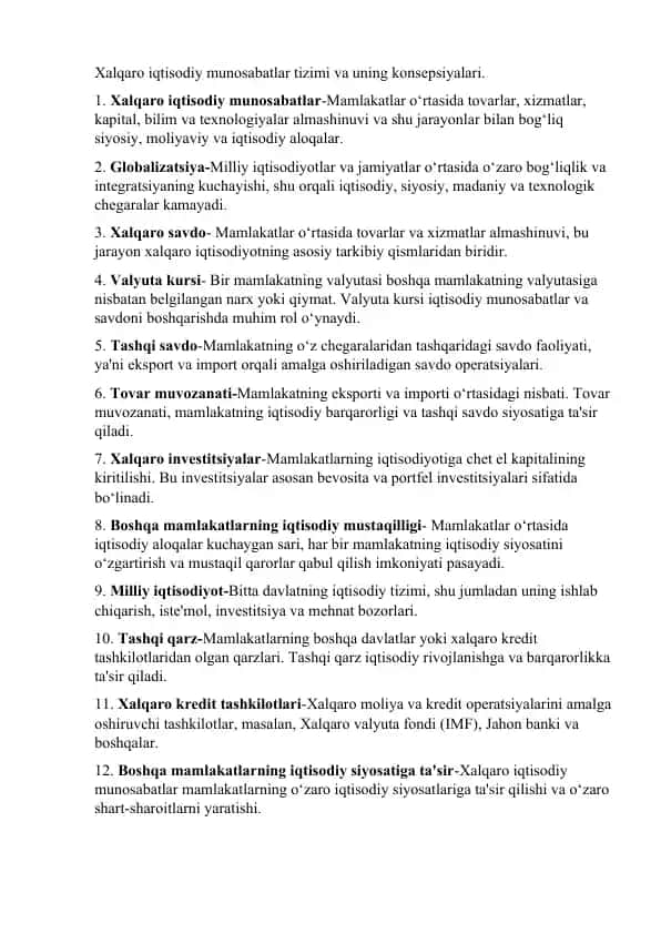 Xalqaro iqtisodiy munosabatlar tizimi va uning konsepsiyalari