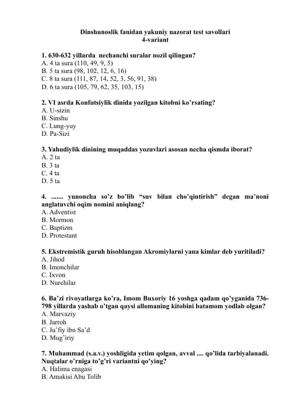 Dinshunoslik fanidan yakuniy nazorat test savollari