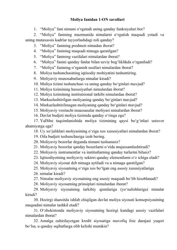 Moliya fanidan 1-ON savollari