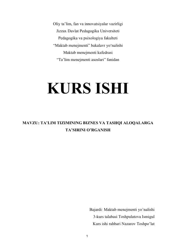 TA’LIM TIZIMINING BIZNES VA TASHQI ALOQALARGA TA’SIRINI O’RGANISH