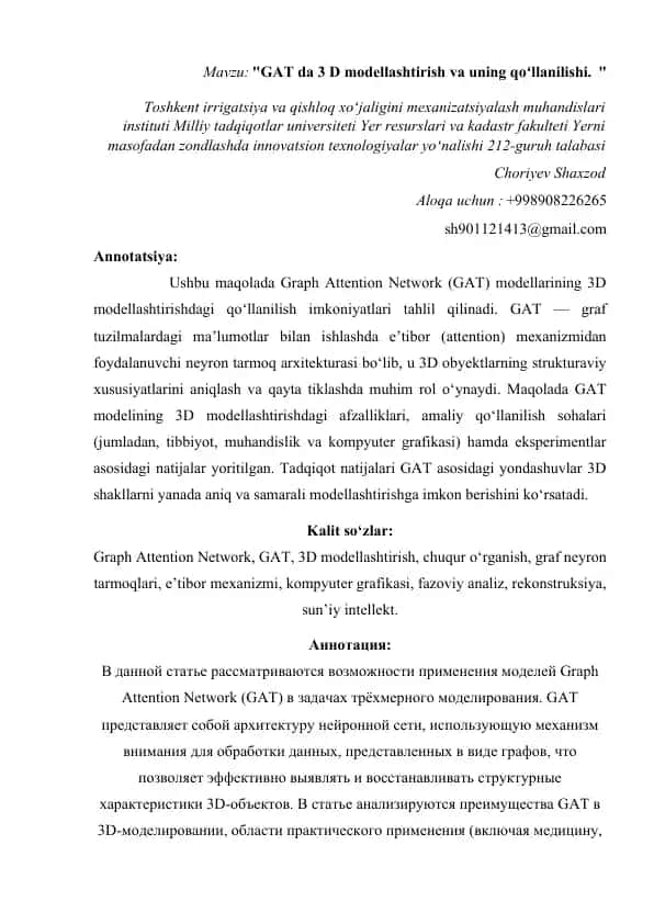 Graph Attention Network (GAT) 3D Modellashtirish