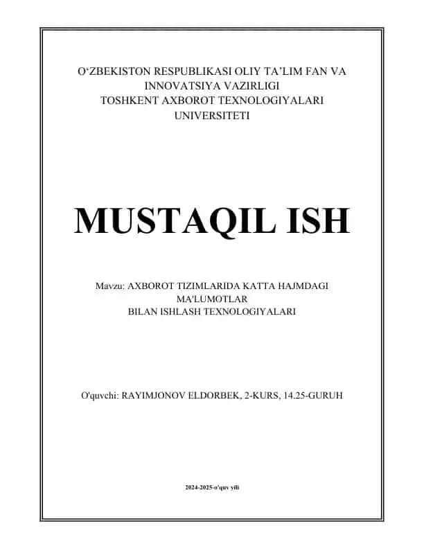 AXBOROT TIZIMLARIDA KATTA HAJMDAGI MA'LUMOTLAR BILAN ISHLASH TEXNOLOGIYALARI