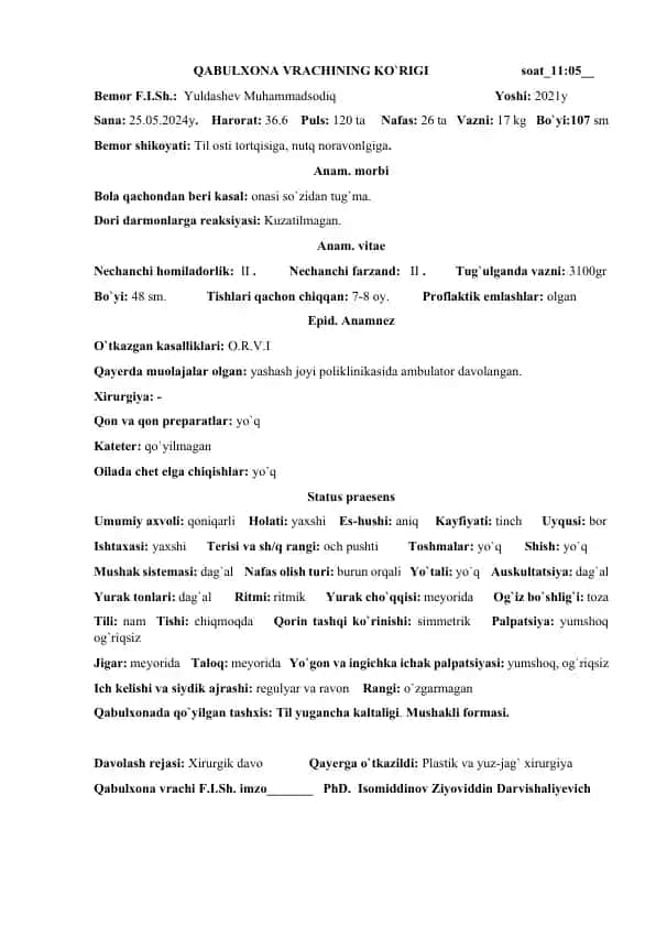 Bemorlik tarixi va klinik shakli