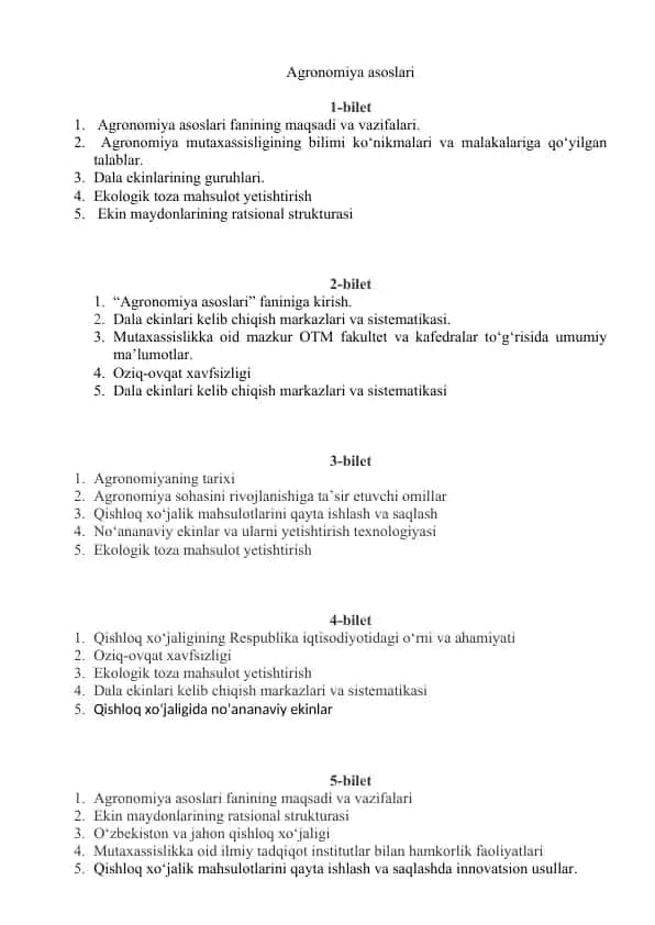 Agronomiya asoslari yakuniy savollar biletlari