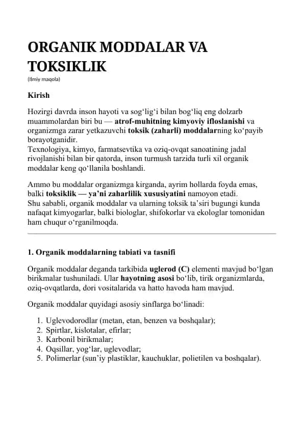 ORGANIK MODDALAR VA TOKSIKLIK