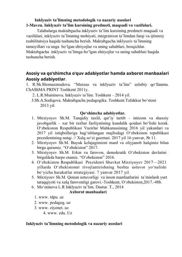 Inklyuziv ta’limning metodologik va nazariy asoslari