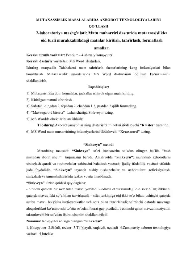 MUTAXASSISLIK MASALALARIDA AXBOROT TEXNOLOGIYALARINI QO’LLASH