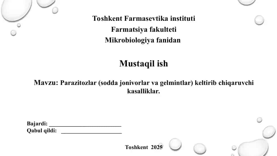 Parazitozlar (sodda jonivorlar va gelmintlar) keltirib chiqaruvchi kasalliklar. Taqdimot 16 bet.
