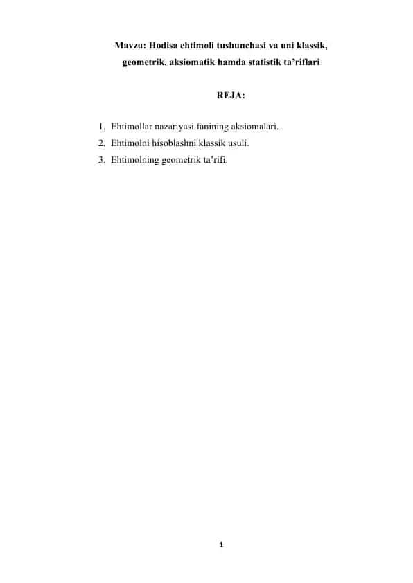 Ehtimollar nazariyasi va geometrik ta’riflari