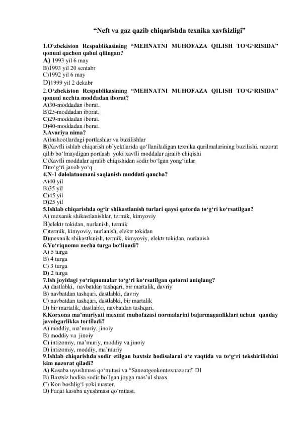 Neft va gaz qazib chiqarishda texnika xavfsizligi