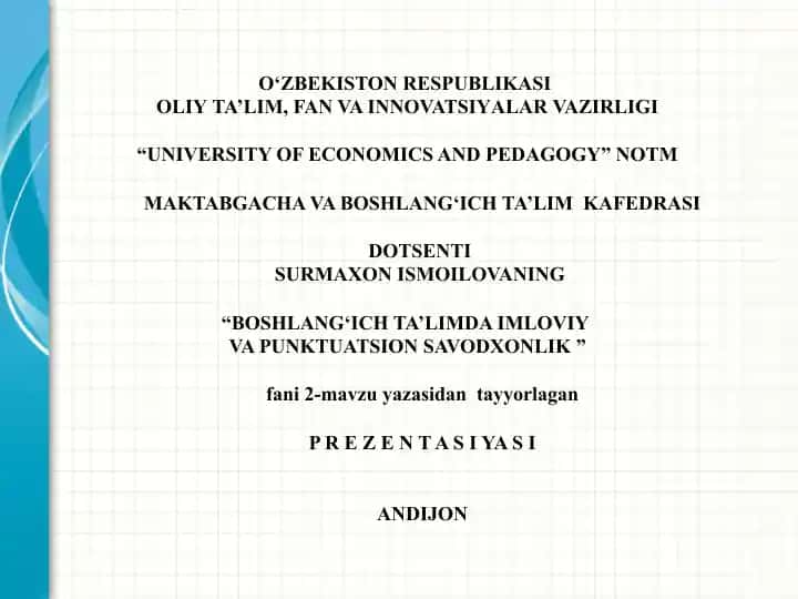 "Boshlanch'ich ta'limda imloviy va punktuatsion savodxonlik"