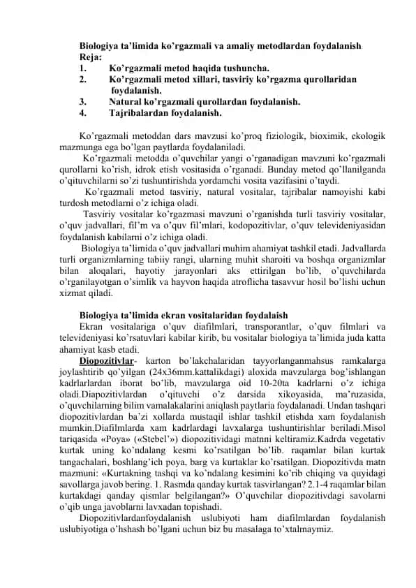 Biologiya ta’limida ko’rgazmali va amaliy metodlardan foydalanish