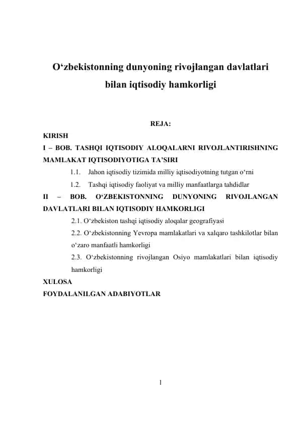 O‘zbekistonning dunyoning rivojlangan davlatlari bilan iqtisodiy hamkorligi