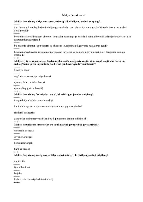 Moliya bozori testlar