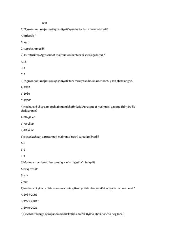 Agrosanoat majmuasi iqtisodiyoti test savollari