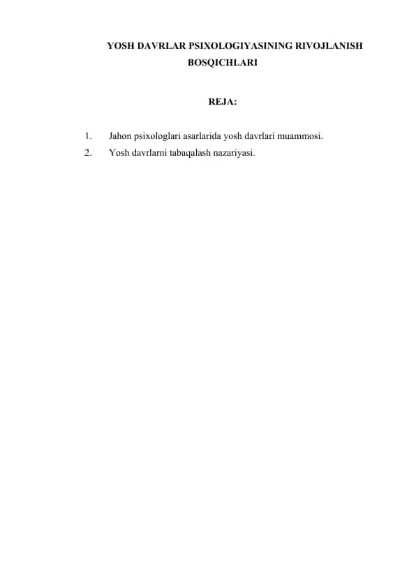 YOSH DAVRLAR PSIXOLOGIYASINING RIVOJLANISH BOSQICHLARI